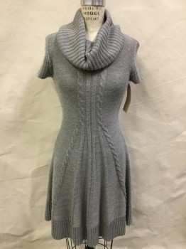 Womens, Dress, Short Sleeve, JESSICA HOWARD, Lt Gray, Acrylic, Cable Knit, D, Sweater Knit, Big Cowl Collar, Rib Knit Short Sleeves and Hem Band, Knit in Gores for Flare