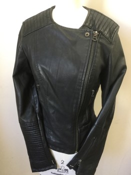 TOP SHOP, Black, Leather, Cotton, Solid, Black, Round Neck,  Off Side Zip Front, Self Quilt on Shoulder, 2 Slant Pockets with Zipper, Long Sleeves with Quilt Panel & Zip He,