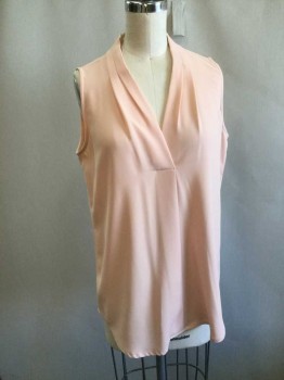 Womens, Shell, CALVIN KLEIN, Peach Orange, Polyester, Spandex, Solid, XS, Cross Over V. Neck Front with Pleated Drape Detail