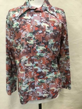 STUDIO ONE BY CAMPUS, Brown, Sage Green, White, Rust Orange, Cream, Polyester, Floral, Abstract , Long Sleeves, Button Front, Japanese Flower Blossoms W/Abstract Cubist Pattern, 1 Pocket,