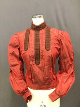 Cranberry Red, Forest Green, Brown, Silk, Solid, Tafetta. Long Sleeves, Collar Band With Brown Lace & Dark Green Velvet Ribbon Trim On Collar And Front And Center Of Full Sleeves, Hook & Eye Closure At Center Back,