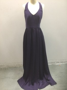 WHITE/VERA WANG, Aubergine Purple, Polyester, Solid, Bodice is Poly Crepe with Halter Neck, Princess Seams, Skirt is Satin, Floor Length, 1 Strap at Back Shoulders with Small Self Bow