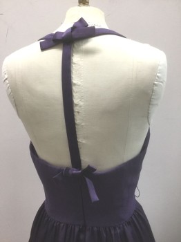 WHITE/VERA WANG, Aubergine Purple, Polyester, Solid, Bodice is Poly Crepe with Halter Neck, Princess Seams, Skirt is Satin, Floor Length, 1 Strap at Back Shoulders with Small Self Bow