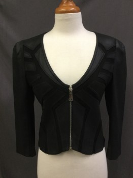 Womens, Casual Jacket, BEBE, Black, Synthetic, S, Faux Suede with Fishnet Panels. V. Neck, Silver Zipper Front, 3/4 Sleeves