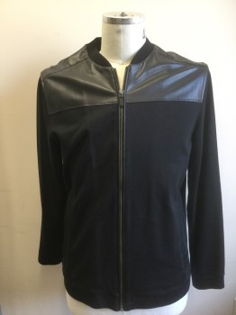 Mens, Casual Jacket, BOSS, Black, Cotton, Leather, Solid, L, Zip Front, Leather Panel at Shoulders, 2 Pockets, Rib Knit at Neck, Cuffs, & Waist