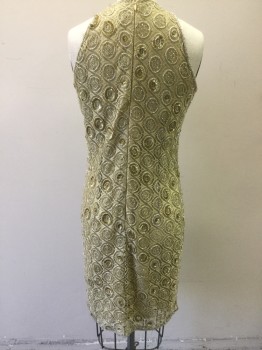 WHT HOUSE BLK MARKET, Antique Gold Metallic, Clear, Polyester, Nylon, Medallion Pattern, Gold Lace with Gold Circular Sequins and Clear Beads, Sleeveless, High Neck, Zip Back, Knee Length