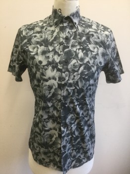 CALIBRATE, Gray, Charcoal Gray, Lt Gray, Cotton, Floral, Grayscale Flowers Pattern, Short Sleeve Button Front, Collar Attached, Button Down Collar, **Has a Double