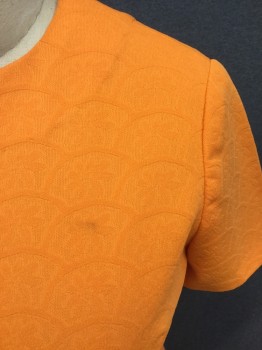 MTO, Orange, Polyester, Solid, Textured Floral/half Circle, Short Sleeves, Crew Neck, Zip Back, Knee Length (small Smudge Spot Above Left Breast)