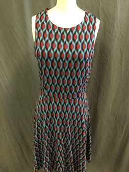 4C, Turquoise Blue, Dk Red, Black, Viscose, Geometric, Round Neck,  Sleeveless, Flair Bottom, Zip Back