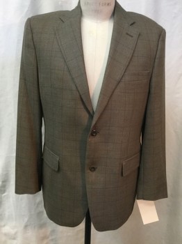 Mens, Sportcoat/Blazer, PRONTO UOMO, Taupe, Brown, Wool, Plaid-  Windowpane, 40 R, Notched Lapel, Collar Attached, 2 Buttons,  3 Pockets,