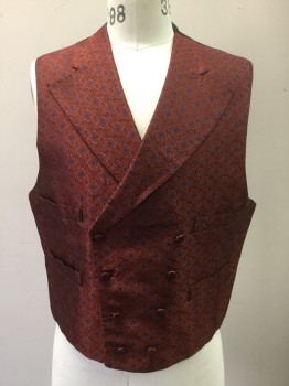 Mens, Historical Fiction Vest, MTO, Copper Metallic, Dk Red, Purple, Silk, Diamonds, Novelty Pattern, 38, Double Breasted, Notched Lapel, 4 Pockets, Fabric Covered Buttons, Solid Cotton Black Back, Self Belt Back