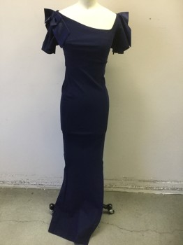 Womens, Evening Gown, CHIARA BONI, Navy Blue, Polyester, Spandex, Solid, W:22-6, B:30-2, XXS, Asymmetric Square Neck, Cap Sleeves with Large Satin Bows at Shoulders, Slim Fit, Floor Length Hem, Slit at Side Front at Hem
