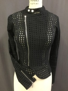 Womens, Casual Jacket, BARIII, Black, Cotton, Solid, S, Eyelet, Asymmetrical Front Zip Closure, Snap Band Collar, Zip Cuffs