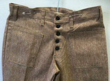 CAPERS, Terracotta Brown, Cream, Cotton, Speckled, Streaked Pattern Twill, Bell Bottoms, Sailor Style with Exposed Black Button Fly, Large Patch Pockets, Belt Loops, Late 1960's