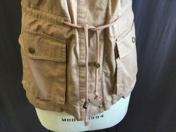 Womens, Vest, PAPAYA, Brown, Cotton, Solid, M, 7 Hidden Brass Snap Front, Hoody with D-string, 4 Pockets with Flap, D-string Waist