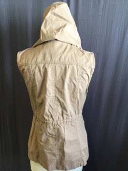 Womens, Vest, PAPAYA, Brown, Cotton, Solid, M, 7 Hidden Brass Snap Front, Hoody with D-string, 4 Pockets with Flap, D-string Waist