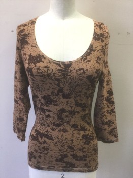 CLASSIQUES ENTIER, Lt Brown, Dk Brown, Rayon, Spandex, Floral, Stretchy Material, 3/4 Sleeves, Plunging Scoop Neck, Fitted,