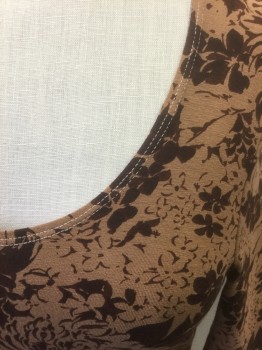 CLASSIQUES ENTIER, Lt Brown, Dk Brown, Rayon, Spandex, Floral, Stretchy Material, 3/4 Sleeves, Plunging Scoop Neck, Fitted,