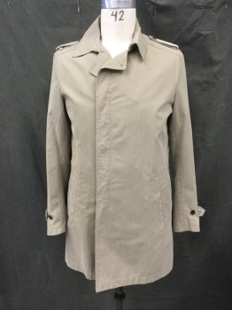 Mens, Coat, Trenchcoat, THEORY, Khaki Brown, Cotton, Polyurethane, Solid, 42R, Double Breasted, Hidden Placket, Collar Attached, Epaulets, 2 Pockets, Long Sleeves, Button Tab Cuffs, Belt Loops, *Missing Belt*
