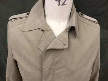 Mens, Coat, Trenchcoat, THEORY, Khaki Brown, Cotton, Polyurethane, Solid, 42R, Double Breasted, Hidden Placket, Collar Attached, Epaulets, 2 Pockets, Long Sleeves, Button Tab Cuffs, Belt Loops, *Missing Belt*