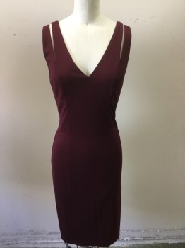 ALI & JAY , Red Burgundy, Rayon, Spandex, Solid, V-neck, Slashed  Out Strap, Sleeveless, Seam Detail, Straight/fitted, Back Zipper, Lining