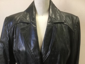 Womens, Coat, OPERA, Black, Leather, Polyester, Solid, B 36, 11/12, Hard Shiny Crushed Leather,nl 3 Button Front, Pockets, Belt Attached with Buttons, Detachable Black Fleece Lining