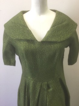 N/L, Avocado Green, Iridescent Green, Wool, Lurex, Speckled, Solid, Metallic Speckled Weave, Short Sleeves, Large Round Collar, Pleated at Waist, Side Zipper, **Has Been Shortened at Hem
