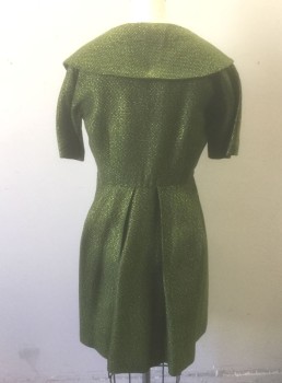N/L, Avocado Green, Iridescent Green, Wool, Lurex, Speckled, Solid, Metallic Speckled Weave, Short Sleeves, Large Round Collar, Pleated at Waist, Side Zipper, **Has Been Shortened at Hem