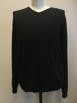 Mens, Pullover Sweater, NO LABEL, Black, Brown, Synthetic, Solid, M, Black & Brown, Ribbed, V-neck, Long Sleeves,