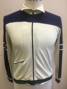 Mens, Athletic, SEARS SPORTS CENTER, Navy Blue, Cream, Green, Poly/Cotton, Color Blocking, L, Track Jacket, Navy Shoulders and Long Sleeves, Cream Body, Cream/Green/Navy Stripes at Waistband, Cuffs and Mid Sleeve, Zip Front, Stand Collar, Late 1970's/Early 1980's