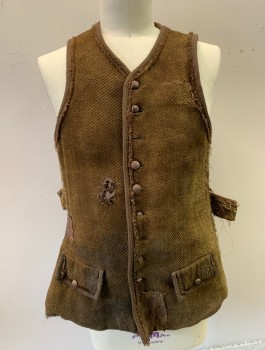 Mens, Historical Fiction Vest, N/L MTO, Brown, Tobacco Brown, Cotton, Solid, 42, Heavy Twill Velveteen, Very Aged, with Fraying Edges, Knotted Leather Buttons at Front (Missing Some), 2 Faux Pockets, Patches Throughout, Historical Fantasy Made To Order, Peasant