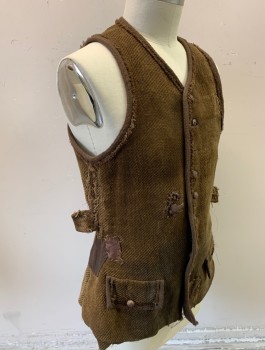 Mens, Historical Fiction Vest, N/L MTO, Brown, Tobacco Brown, Cotton, Solid, 42, Heavy Twill Velveteen, Very Aged, with Fraying Edges, Knotted Leather Buttons at Front (Missing Some), 2 Faux Pockets, Patches Throughout, Historical Fantasy Made To Order, Peasant