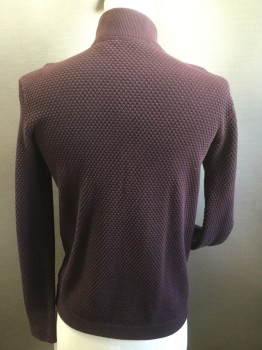 Mens, Cardigan Sweater, THEORY, Maroon Red, Cotton, Solid, Small, Zip Front, Texture Knit, Mock Turtle Neck,  2 Pockets,