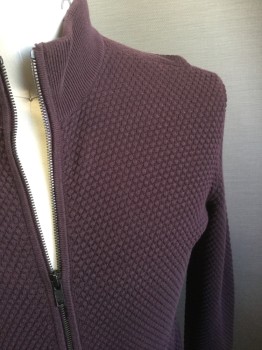 Mens, Cardigan Sweater, THEORY, Maroon Red, Cotton, Solid, Small, Zip Front, Texture Knit, Mock Turtle Neck,  2 Pockets,