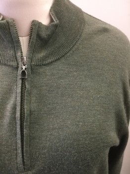 Womens, Pullover, SAKS FIFTH AVENUE, Moss Green, Off White, Wool, Solid, M, Knit, Mock Turtle Neck, 1/4 Zip Front, L/S, Off-White Edge To Cuffs & Waistband