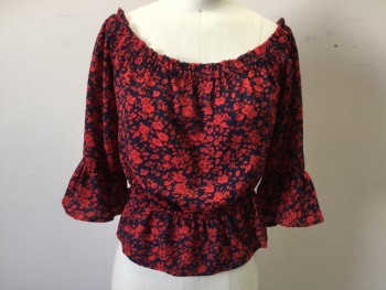 Womens, Top, EXPRESS, Red, Navy Blue, Poly/Cotton, Floral, XS, Smocked Elastic Ruffle Off the Shoulder Neck, Raglan 3/4 Sleeve with Ruffle Cuff, Elastic Waistband with Peplum