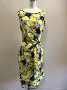 DVF, Yellow, Black, White, Brown, Silk, Novelty Pattern, Abstract Yellow Floral, Scoop Neck, Pleated at Shoulders, Horizontal Waist Pleating with Attached 1/2 Self Belt Front, Side Zip