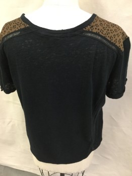 Womens, Top, SCOTCH & SODA, Navy Blue, Cream, Brown, Black, Polyester, Cotton, Abstract , Color Blocking, S, Navy with Cream Abstract Front, Black Thread Panel @ Shoulder & Side Stripe,  Light Brown with Black Leopard Print @ Shoulder, Black Trim Round Neck, Short Sleeves & Back