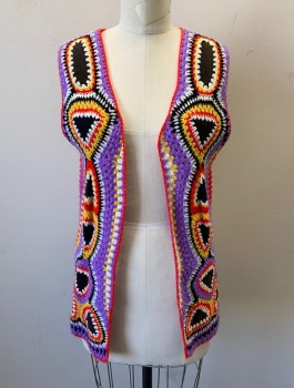 Womens, Vest, COLT ORIENT, Multi-color, Lavender Purple, Red, Yellow, Black, Wool, Suede, Abstract , S/M, Hippie Crochet Vest with Black Suede Panels, Open at Center Front with No Closures, Early 1970's