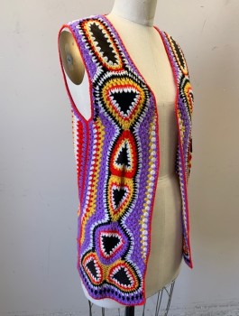 Womens, Vest, COLT ORIENT, Multi-color, Lavender Purple, Red, Yellow, Black, Wool, Suede, Abstract , S/M, Hippie Crochet Vest with Black Suede Panels, Open at Center Front with No Closures, Early 1970's