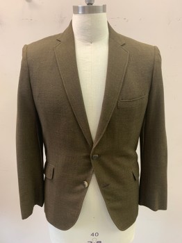 Mens, Blazer/Sport Co, NL, Dk Olive Grn, Wool, Heathered, Solid, 41R, Button Front, 2 Buttons, 3 Pockets, 1 Button Sleeves, Notched Lapel, Double Vent, **Lining Shredding at Shoulders