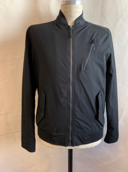 Mens, Casual Jacket, HAWKE & CO, Black, Polyester, Solid, M, Mock Neck, Zip Front, 3 Pockets, Snap Cuff, Elastic Waist