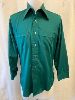 BUD BERMA, Dk Green, Poly/Cotton, Solid, Collar Attached, Button Front, Long Sleeves, 2 Patch Pocket,  Lt. Brown & White Stitching