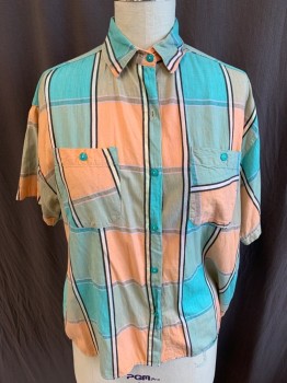 Womens, Shirt, MAHUDI, Mint Green, Peach Orange, Black, Lt Green, Lt Orange, Cotton, Rayon, Plaid-  Windowpane, M, Collar Attached, Button Front, 2 Pockets, Short Sleeves, Curved Hem **Missing 2nd Button From Top**