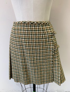 COLLEGE SPORT SHOP, Ecru, Forest Green, Brown, Wool, Houndstooth, Pleated with 2 Straps and Buckle Closures, Mini Skirt, Kilt Inspired,
