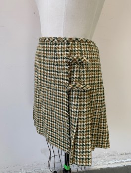 COLLEGE SPORT SHOP, Ecru, Forest Green, Brown, Wool, Houndstooth, Pleated with 2 Straps and Buckle Closures, Mini Skirt, Kilt Inspired,