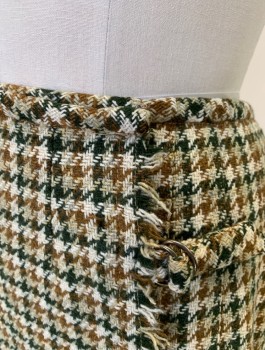 Womens, Skirt, COLLEGE SPORT SHOP, Ecru, Forest Green, Brown, Wool, Houndstooth, W:28, Pleated with 2 Straps and Buckle Closures, Mini Skirt, Kilt Inspired,