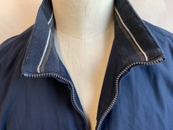 Mens, Casual Jacket, ST. JOHNS BAY, Navy Blue, White, Brown, Polyester, Nylon, Solid, 2XL, Collar Attached W/ Knit Navy with White/brown Horizontal Stripes Inside, Zip Front, 2 Pockets, Long Sleeves, Perforated Navy Lining