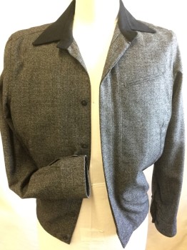 Mens, Casual Jacket, FACONNABLE, Black, Gray, Wool, 2 Color Weave, 44, L, Solid Black Collar, 3 Pockets, 6 Buttons, Pleated Cuffs,  Elastic Waist on Back