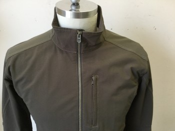 Mens, Casual Jacket, KUHL, Moss Green, Brown, Polyester, Nylon, Solid, L, Poly, Nylon Spandex, Zip Front, Stand Collar, 3 Zipper Pockets, Zipper Cuffs, Mossy Brown